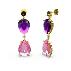 Lena Damla Küpe - Dumanlı kuvars, pembe kuvars ve ametist 14 ayar altın küpe #1obmo1s