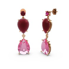Lena Damla Küpe - Rodolit garnet, pembe kuvars ve kök yakut 14 ayar rose altın küpe #1oso6k7