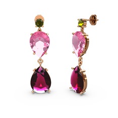 Peridot, rodolit garnet ve pembe kuvars 14 ayar rose altın küpe