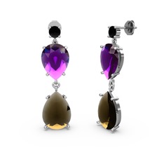 Lena Damla Küpe - Siyah zirkon, dumanlı kuvars ve ametist 8 ayar beyaz altın küpe #1ozfr4a