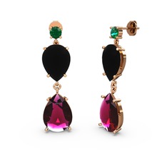 Yeşil kuvars, rodolit garnet ve siyah zirkon 18 ayar rose altın küpe