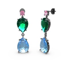 Lena Damla Küpe - Pembe kuvars, akuamarin ve yeşil kuvars 925 ayar siyah rodyum kaplama gümüş küpe #1pdm11q