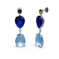 Lena Damla Küpe - Dumanlı kuvars, akuamarin ve lab safir 8 ayar beyaz altın küpe #1pdzh5f