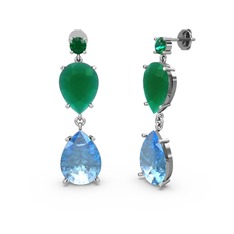 Lena Damla Küpe - Yeşil kuvars, akuamarin ve kök zümrüt 14 ayar beyaz altın küpe #1pn83sr