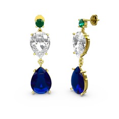 Yeşil kuvars, lab safir ve swarovski 14 ayar altın küpe