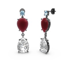 Akuamarin, swarovski ve kök yakut 925 ayar siyah rodyum kaplama gümüş küpe