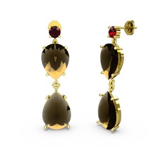 Garnet ve dumanlı kuvars 14 ayar altın küpe