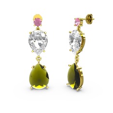 Pembe kuvars, peridot ve swarovski 14 ayar altın küpe