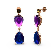 Lena Damla Küpe - Dumanlı kuvars, lab safir ve ametist 18 ayar rose altın küpe #1rns98k