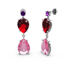 Ametist, pembe kuvars ve garnet 14 ayar beyaz altın küpe