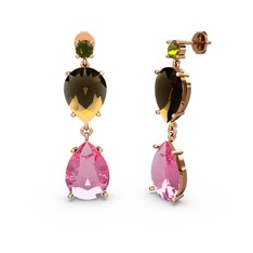 Lena Damla Küpe - Peridot, pembe kuvars ve dumanlı kuvars 8 ayar rose altın küpe #1sdrvn