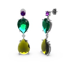 Lena Damla Küpe - Ametist, peridot ve yeşil kuvars 8 ayar beyaz altın küpe #1svh96d