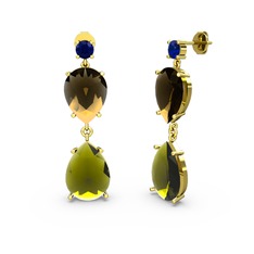 Lab safir, peridot ve dumanlı kuvars 14 ayar altın küpe