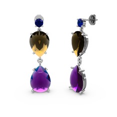 Lena Damla Küpe - Lab safir, ametist ve dumanlı kuvars 18 ayar beyaz altın küpe #1takqe9