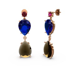 Rodolit garnet, dumanlı kuvars ve lab safir 8 ayar rose altın küpe