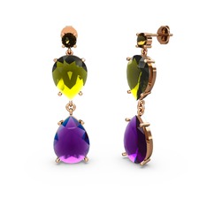 Lena Damla Küpe - Dumanlı kuvars, ametist ve peridot 8 ayar rose altın küpe #1uz3n44