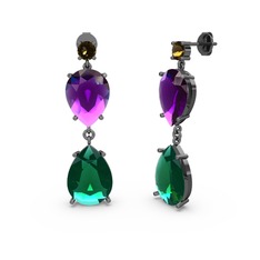 Lena Damla Küpe - Dumanlı kuvars, yeşil kuvars ve ametist 925 ayar siyah rodyum kaplama gümüş küpe #1v3jbpu