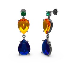 Lena Damla Küpe - Yeşil kuvars, lab safir ve sitrin 925 ayar siyah rodyum kaplama gümüş küpe #1vdv4ac