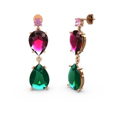 Pembe kuvars, yeşil kuvars ve rodolit garnet 14 ayar rose altın küpe