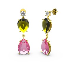 Lena Damla Küpe - Swarovski, pembe kuvars ve peridot 8 ayar altın küpe #1vjcgi2