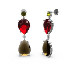 Peridot, dumanlı kuvars ve garnet 8 ayar beyaz altın küpe