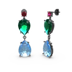 Lena Damla Küpe - Rodolit garnet, akuamarin ve yeşil kuvars 925 ayar siyah rodyum kaplama gümüş küpe #1woko5i