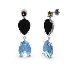 Lena Damla Küpe - Dumanlı kuvars, akuamarin ve siyah zirkon 8 ayar beyaz altın küpe #1wr3k5a