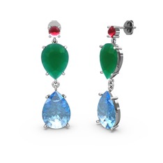 Lena Damla Küpe - Kök yakut, akuamarin ve kök zümrüt 14 ayar beyaz altın küpe #1xooec