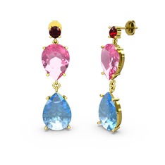 Lena Damla Küpe - Garnet, akuamarin ve pembe kuvars 18 ayar altın küpe #1yu86g6