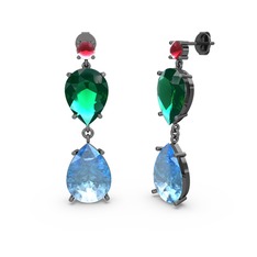 Lena Damla Küpe - Kök yakut, akuamarin ve yeşil kuvars 925 ayar siyah rodyum kaplama gümüş küpe #1ywby29