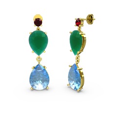 Lena Damla Küpe - Garnet, akuamarin ve kök zümrüt 18 ayar altın küpe #23gaa8