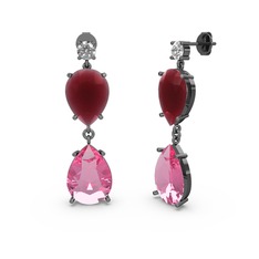 Lena Damla Küpe - Swarovski, pembe kuvars ve kök yakut 925 ayar siyah rodyum kaplama gümüş küpe #35ethd