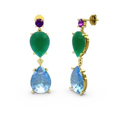 Lena Damla Küpe - Ametist, akuamarin ve kök zümrüt 18 ayar altın küpe #3k4rgz