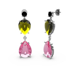 Siyah zirkon, pembe kuvars ve peridot 14 ayar beyaz altın küpe