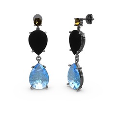 Lena Damla Küpe - Dumanlı kuvars, akuamarin ve siyah zirkon 925 ayar siyah rodyum kaplama gümüş küpe #4k9z95