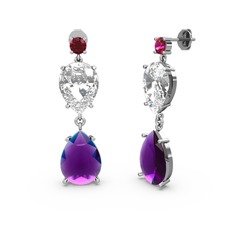 Lena Damla Küpe - Rodolit garnet, ametist ve swarovski 8 ayar beyaz altın küpe #5646oj