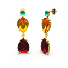 Kök zümrüt, garnet ve sitrin 14 ayar altın küpe