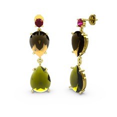 Rodolit garnet, peridot ve dumanlı kuvars 14 ayar altın küpe