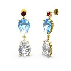 Garnet, beyaz zirkon ve akuamarin 18 ayar altın küpe