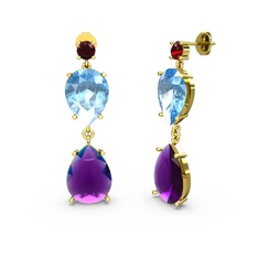 Garnet, ametist ve akuamarin 925 ayar altın kaplama gümüş küpe