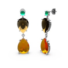 Lena Damla Küpe - Kök zümrüt, sitrin ve dumanlı kuvars 8 ayar beyaz altın küpe #7are8h