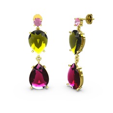 Pembe kuvars, rodolit garnet ve peridot 14 ayar altın küpe