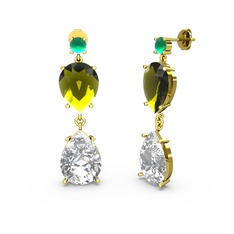 Kök zümrüt, swarovski ve peridot 14 ayar altın küpe