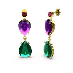 Rodolit garnet, yeşil kuvars ve ametist 8 ayar altın küpe