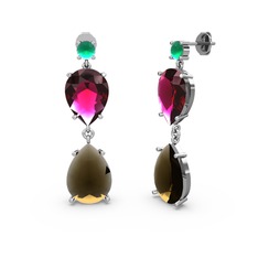 Lena Damla Küpe - Kök zümrüt, dumanlı kuvars ve rodolit garnet 14 ayar beyaz altın küpe #8m33vw