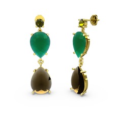 Lena Damla Küpe - Peridot, dumanlı kuvars ve kök zümrüt 14 ayar altın küpe #8mqcvd