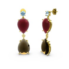 Akuamarin, dumanlı kuvars ve kök yakut 18 ayar altın küpe