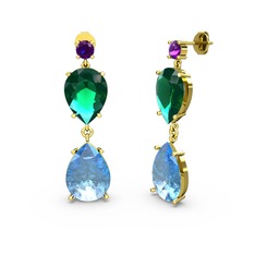 Lena Damla Küpe - Ametist, akuamarin ve yeşil kuvars 14 ayar altın küpe #ac4slp