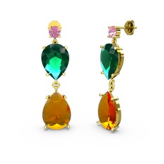 Pembe kuvars, sitrin ve yeşil kuvars 925 ayar altın kaplama gümüş küpe