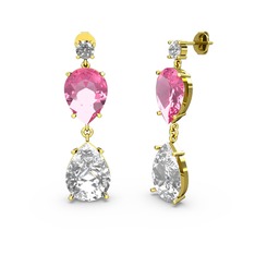 Lena Damla Küpe - Beyaz zirkon, swarovski ve pembe kuvars 18 ayar altın küpe #atm4is